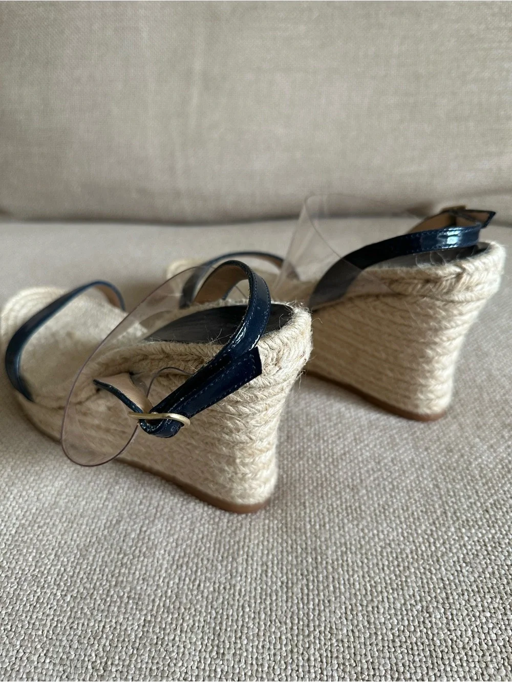 Bettye Muller Navy Patent Leather and Clear Espadrille Wedge Sandals